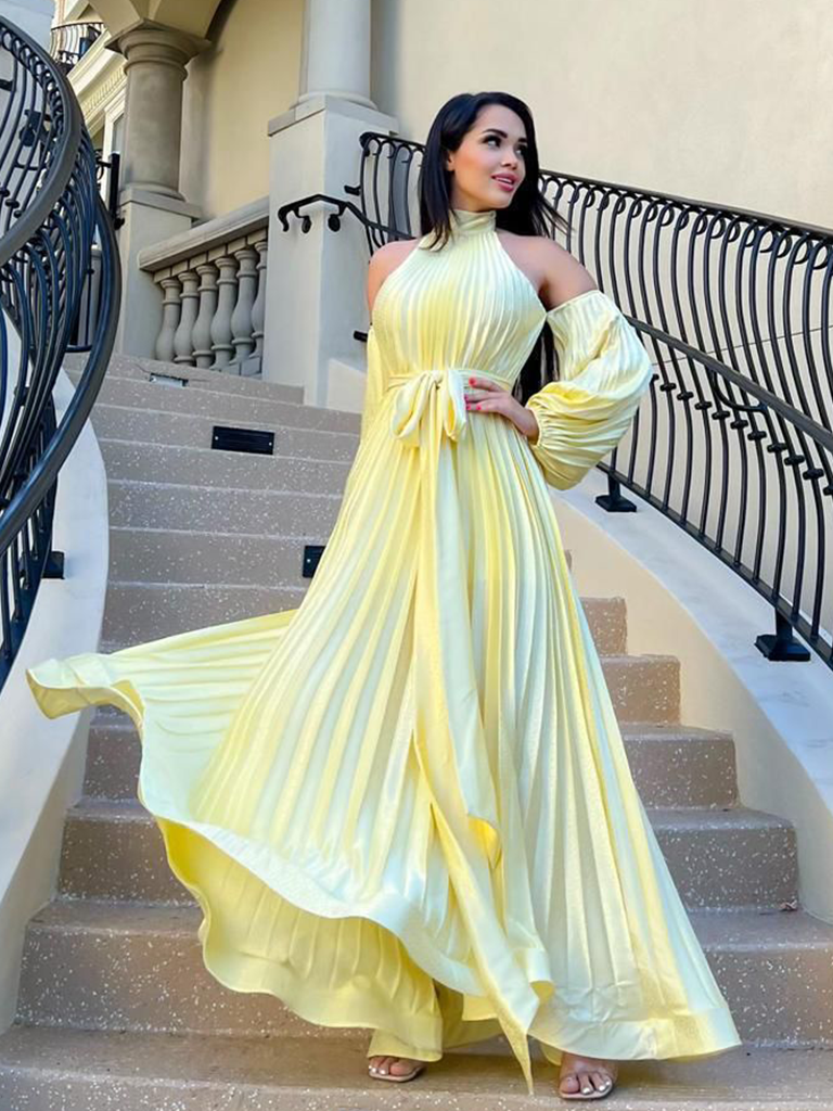open lace back dress Yellow Halter Silk Dress